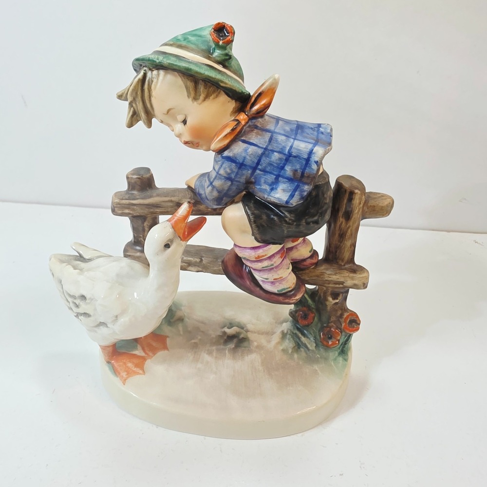Goebel Hummel W. Germany Porcelain Barnyard Hero Boy on Fence w/ Goose 195